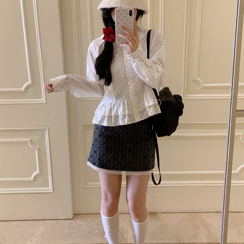 花边早春双层长袖日系miu小个子软妹设计上衣感系波点娃娃领衬衫|undefined