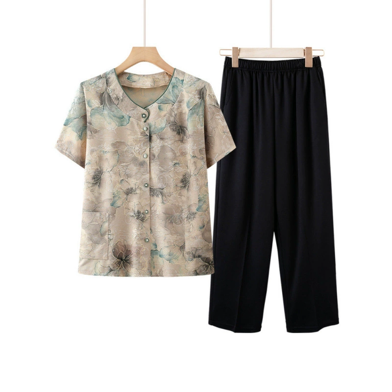 Бабушка Летний набор средней и пожилой мамы цвет двухсекционный набор повседневных топов для пожилой женщины