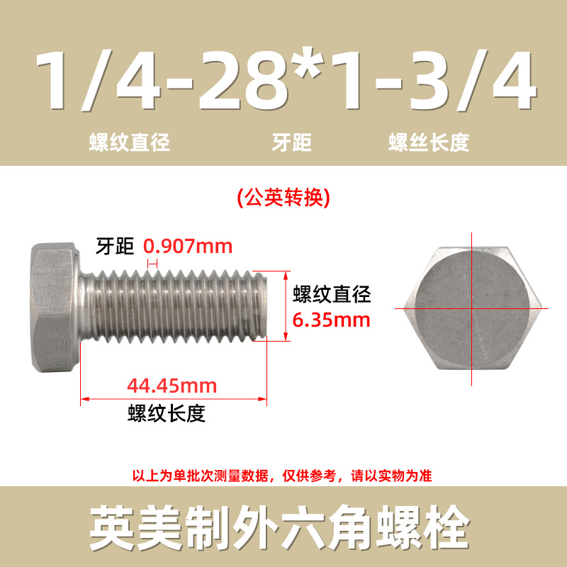 細歯美製304ステンレス外六角ねじ10-32美標ねじ英製六角ボルト1/4-28