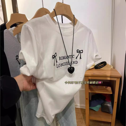 Heavy Industry Embroidered Letter Bow Tie Modal Short Sleeve T-Shirt for Women - Summer Versatile Loose Round Neck Pullover Top Trendy