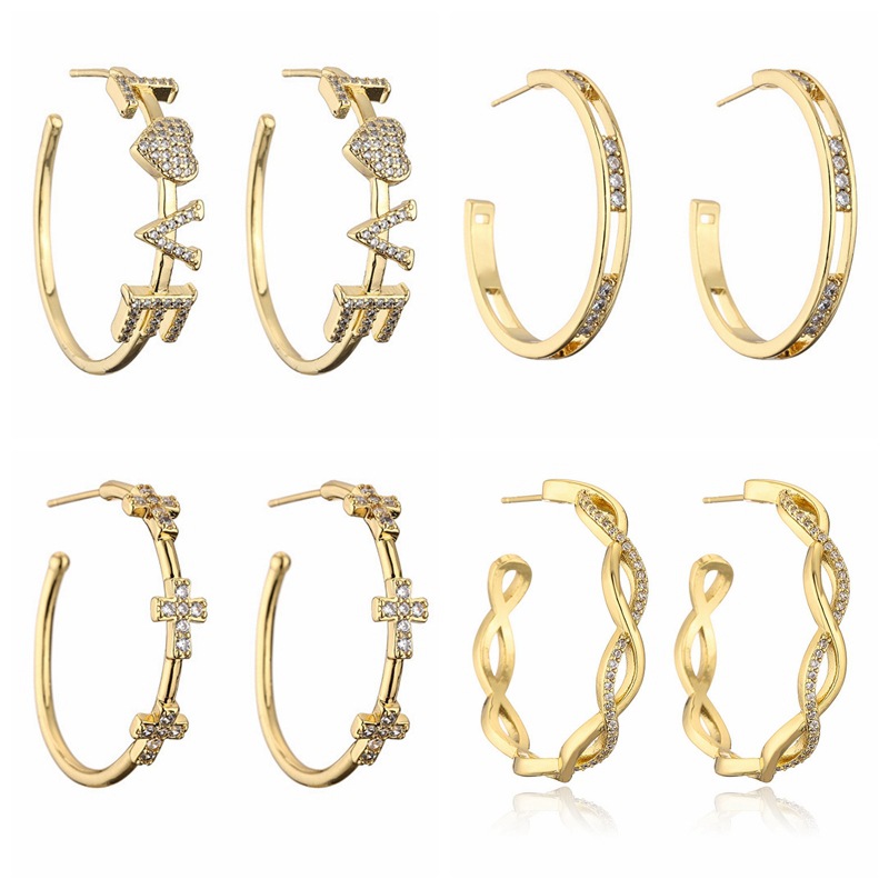 Pendientes europeos y americanos simples retro en forma de C AMOR Pendientes de personalidad Cruz con incrustaciones de circón Pendientes geométricos Pendientes