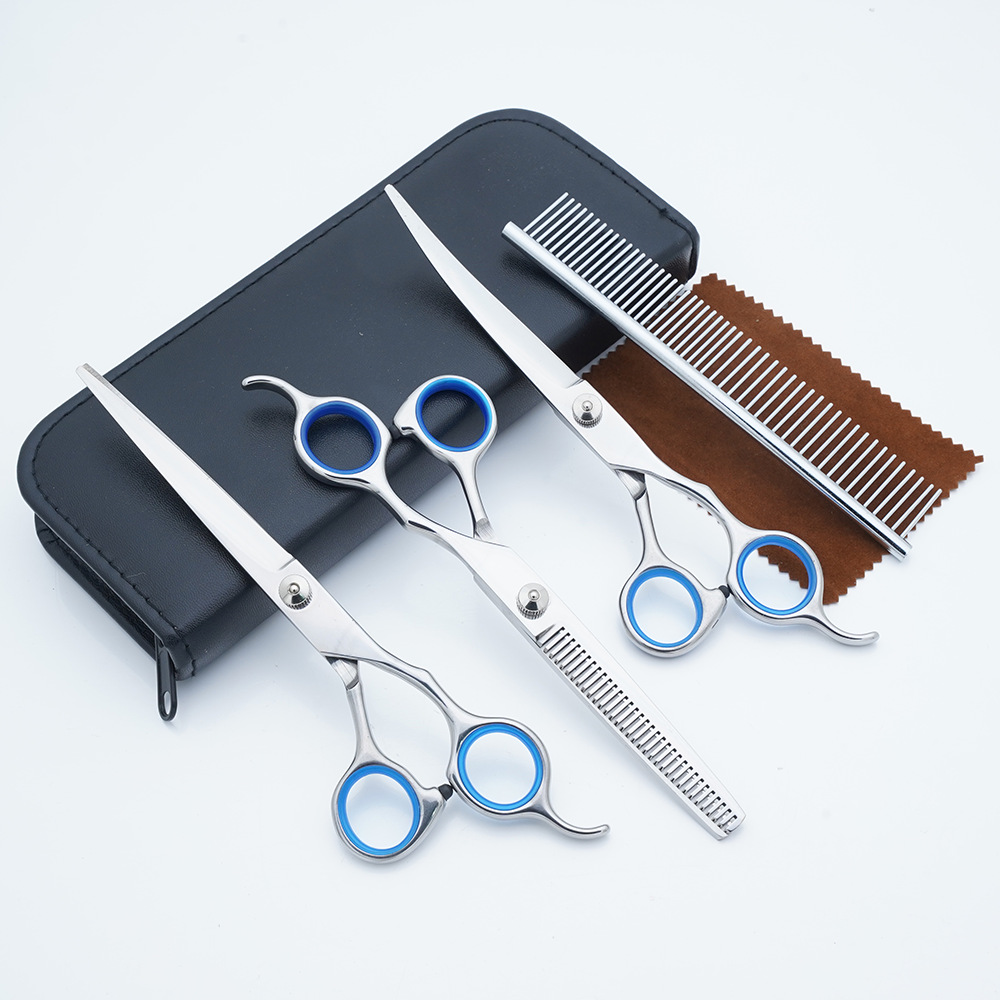 Tijeras para mascotas Tijeras de belleza para perros de acero inoxidable Tijeras curvas de 7 pulgadas Tijeras de dientes de recorte de pelo de gato Juego de tijeras planas para peluche