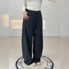 双天2025年冬季新款大码女装加绒裤子豹纹松紧腰抽绳休闲裤9189