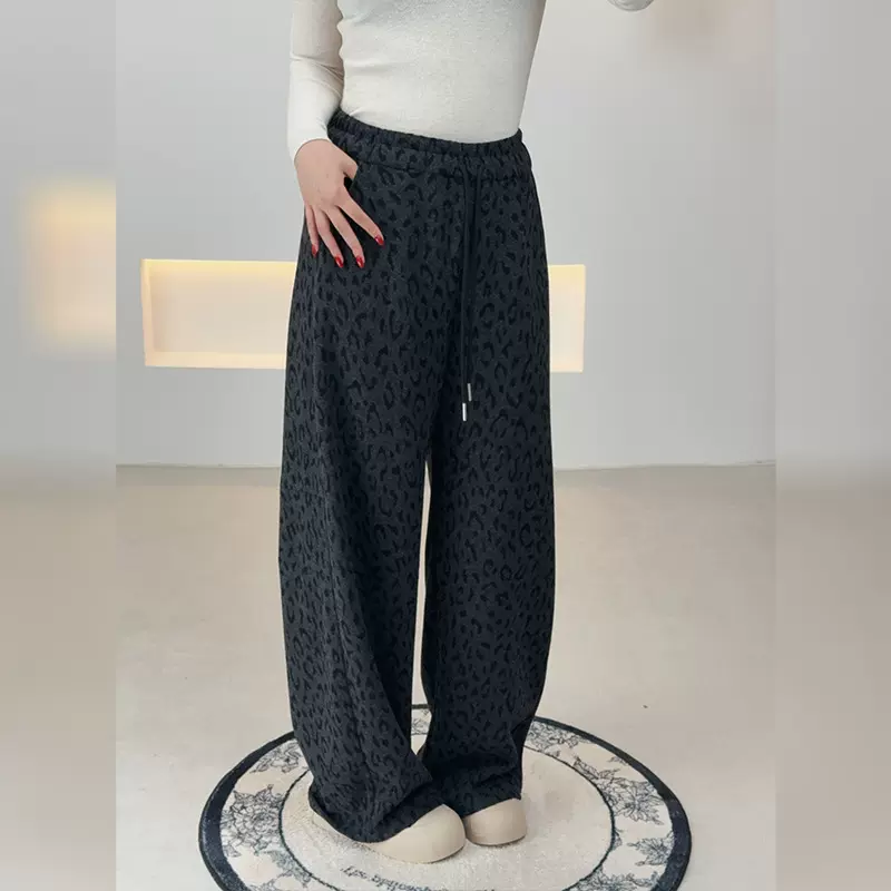 双天2025年冬季新款大码女装加绒裤子豹纹松紧腰抽绳休闲裤9189