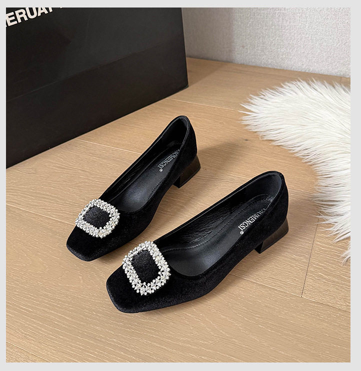Giày bệt nữ mũi vuông khóa cài đính đá, cổ thấp, đế bằng, giày công sở — màu xám, màu đen chi tiết 23