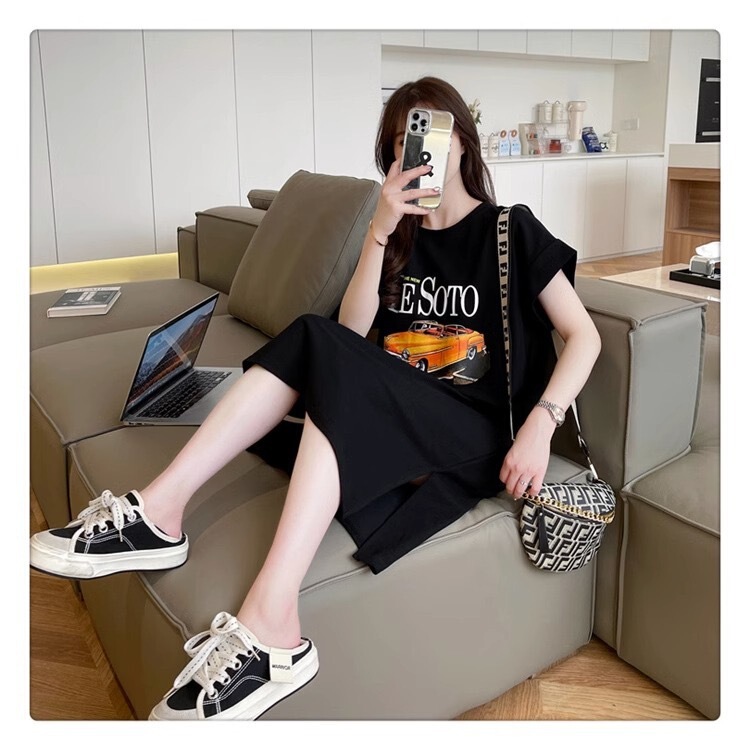Korean Style Casual Simple Double Pocket# Feifei Sleeve chubby girl plus size Loose Long Knee-length dress Lazy Fashion Korean Style Casual Simple Double Pocket# Feifei Sleeve chubby girl plus size Loose Long Knee-length dress Lazy Fashion