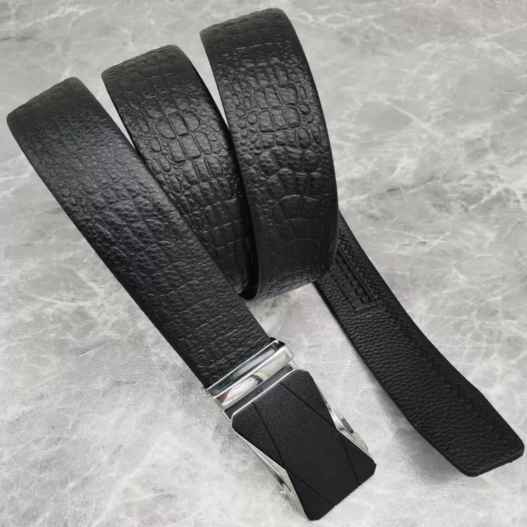 鳄鱼纹面包边自动扣皮带男士商务休闲真皮腰带高档磨砂合金自动扣
