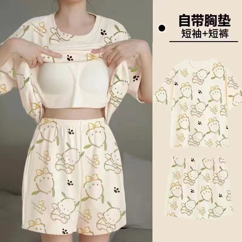 睡衣女夏季短袖套甜美带胸垫韩版卡通学生休闲宽松大码宿舍家居服|undefined
