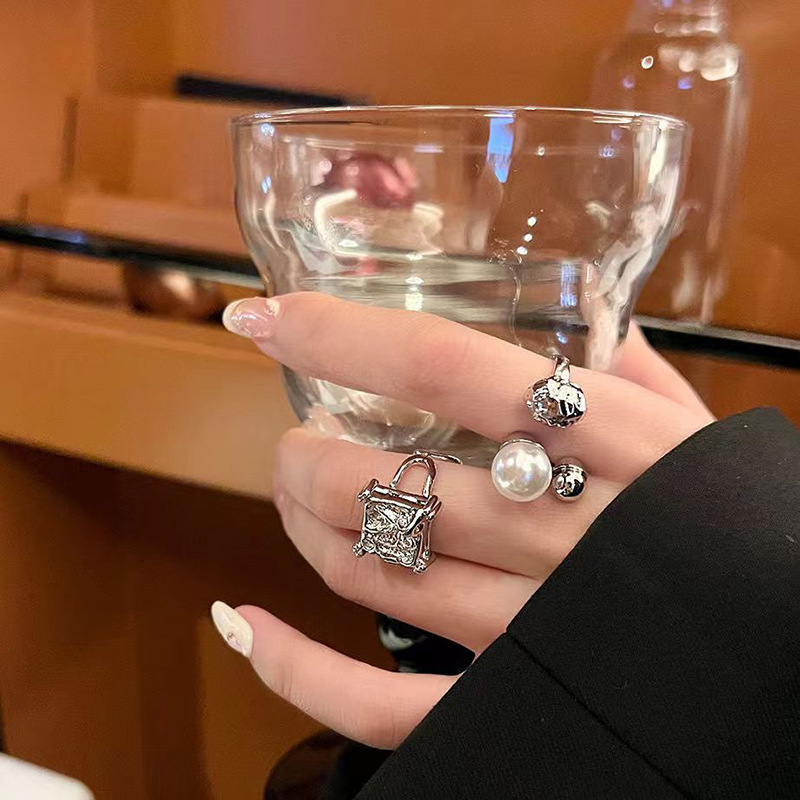 Retro Geometric Copper Inlay Artificial Pearls Open Ring 1 Piece