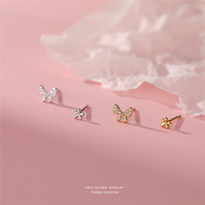 Bow Flower Stud Earrings In Pure Silver Asymmetrical Design_voghion.com