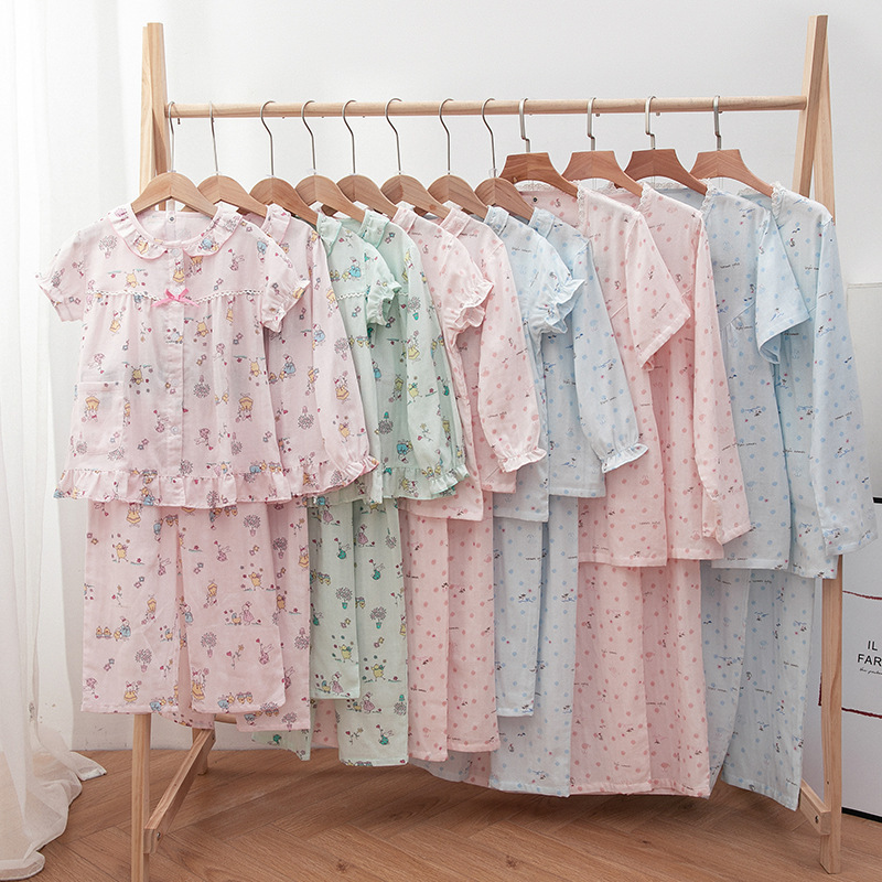 Spring and Summer Pure Cotton Double-Layer Yarn for Boys and Girls, Cute Cartoon Long and Short Sleeves, Long and Short Pants, Pajamas, Home Clothes Sets Wholesale