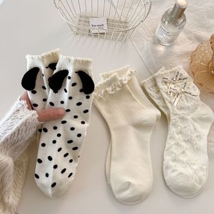 Personalized three-dimensional small ears white socks women's Japanese sweet bow lace socks spring and summer versatile polka dot women's socks