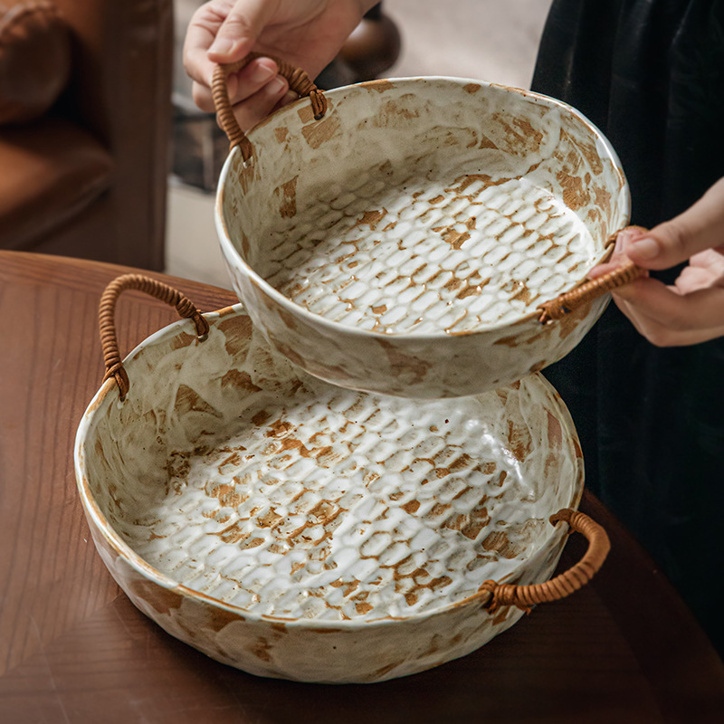 Marge nostalgic handmade stoneware hemp rope double ear bowl retro deep plate housewarming new house bowl fruit bowl cross-border export