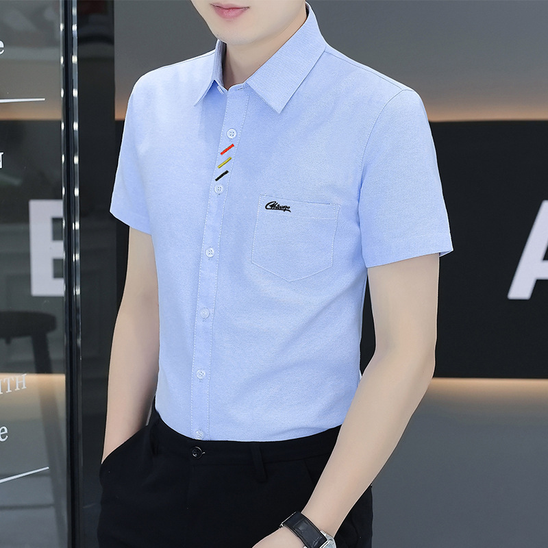 Oxford Cloth Spring and Autumn Men's Short-Sleeve Shirt with Pocket, Solid Color Trendy Men's Casual Shirt, Sizes M-4Xl