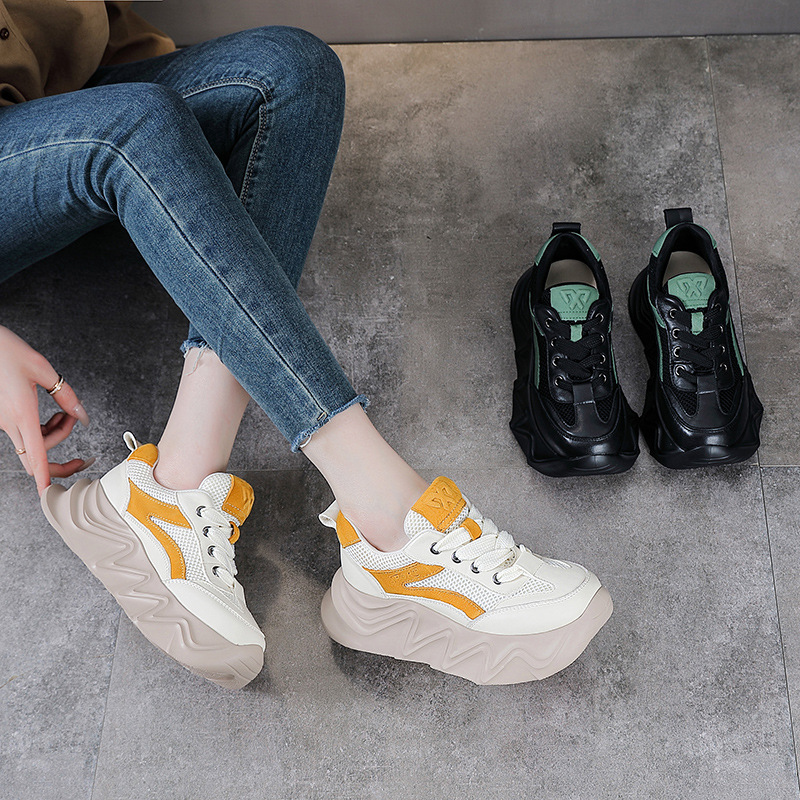 Giày sneaker chunky đế dày da bò cho nữ phối màu cổ điển — Màu đen