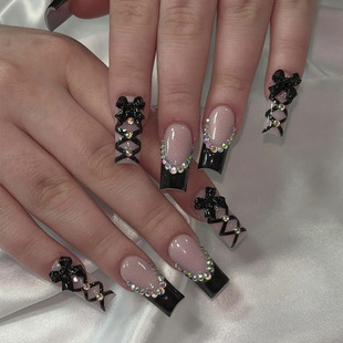 Dressed Armor Medium Rectangular Black Cross Strap French Edge Bow Diamond Removable Fake Nails