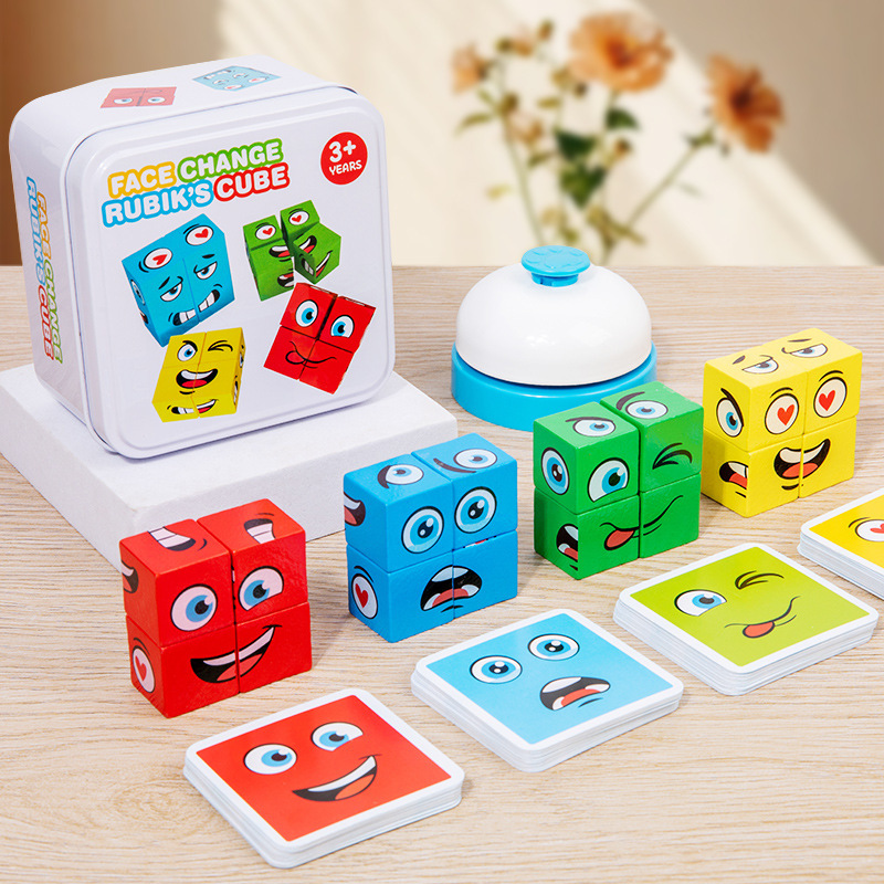 Face-changing Rubik's Cube Building Blocks Puzzle You Cry I Laugh Children's Desktop Parent-child Interactive Game Toy Thinking Battle Wood