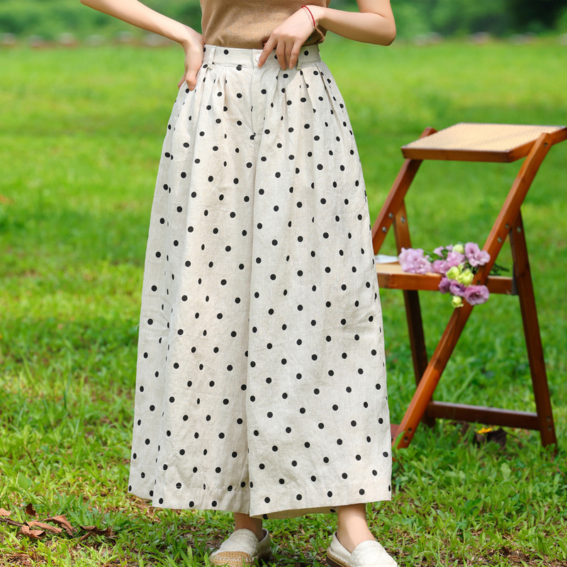 2025 Summer New Linen Rain Dot Casual Polo Dot Printing Artistic Attitude Slimming Wide Leg Pants