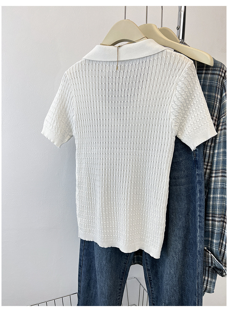 Elegante t-shirt da donna in maglia a trecce con collo a revers_voghion.com