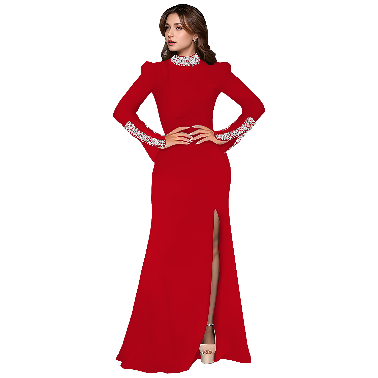 C7271 Cross-border AliExpress Amazon Moda europea y americana Vestido de manga larga de diamantes calientes de color sólido para mujer Nuevo image 8