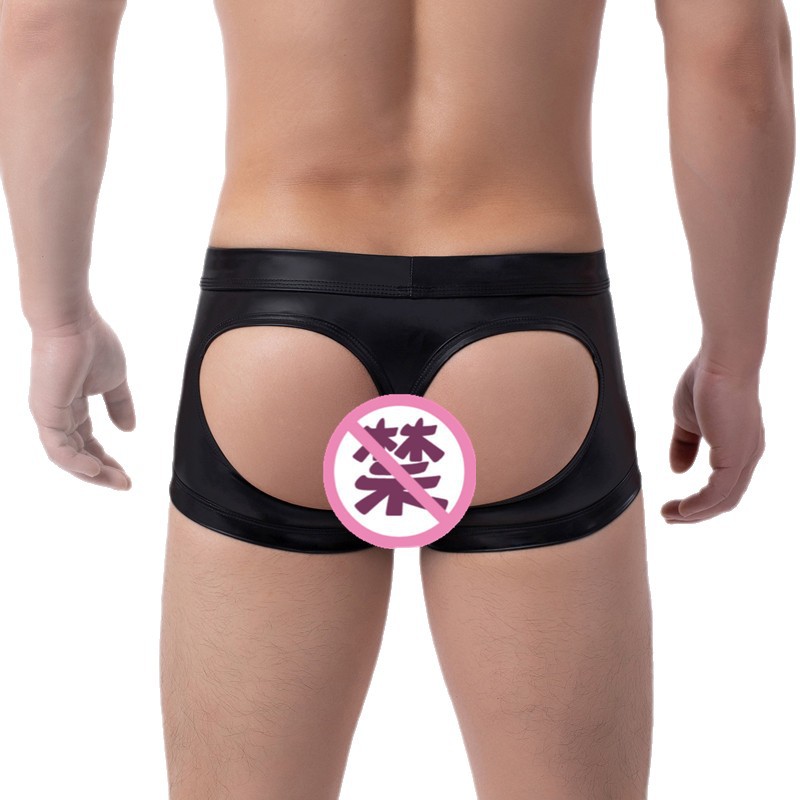 Sexy transfronterizo de gran tamaño nuevo estilo imitación de cuero atrás calzoncillos tipo bóxer huecos transpirables de cintura baja calzoncillos Men Boxer