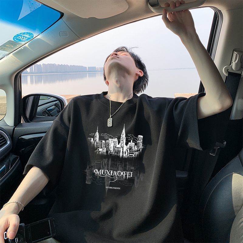 100%纯棉短袖男夏季新款宽松港风百搭圆领T恤印花半袖潮牌上衣|undefined