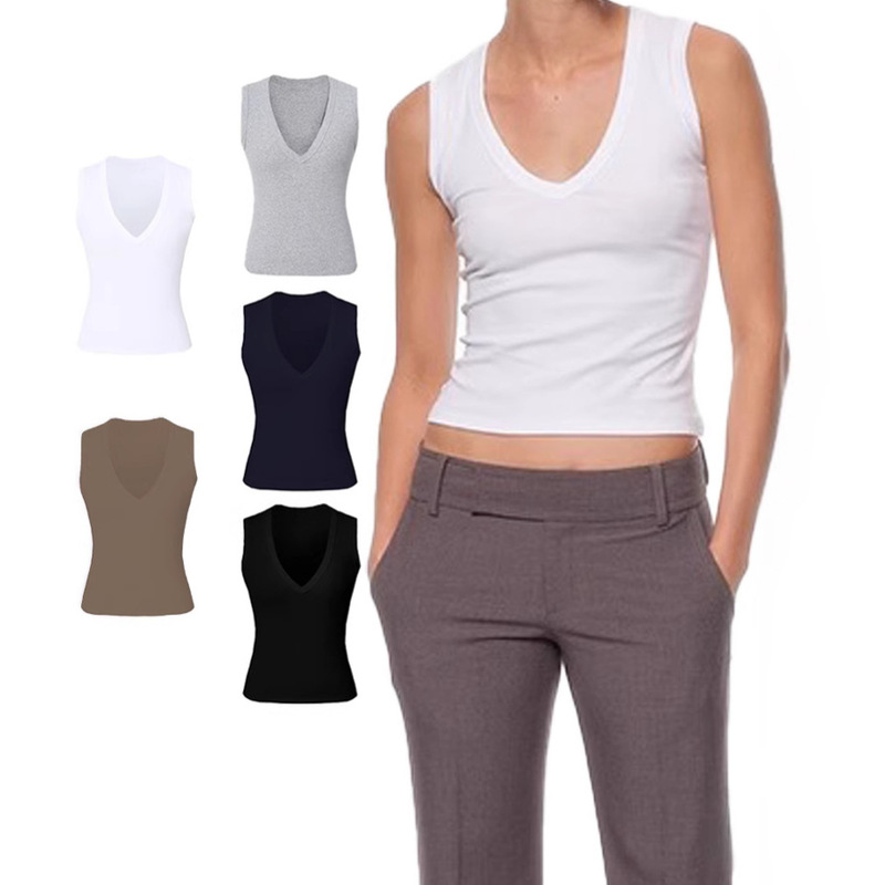 in stock Deep V-neck Vest Casual Top Women's Summer Wanjin Base Cotton Shoulder Stretch Slim-fit Slimming Sleeveless