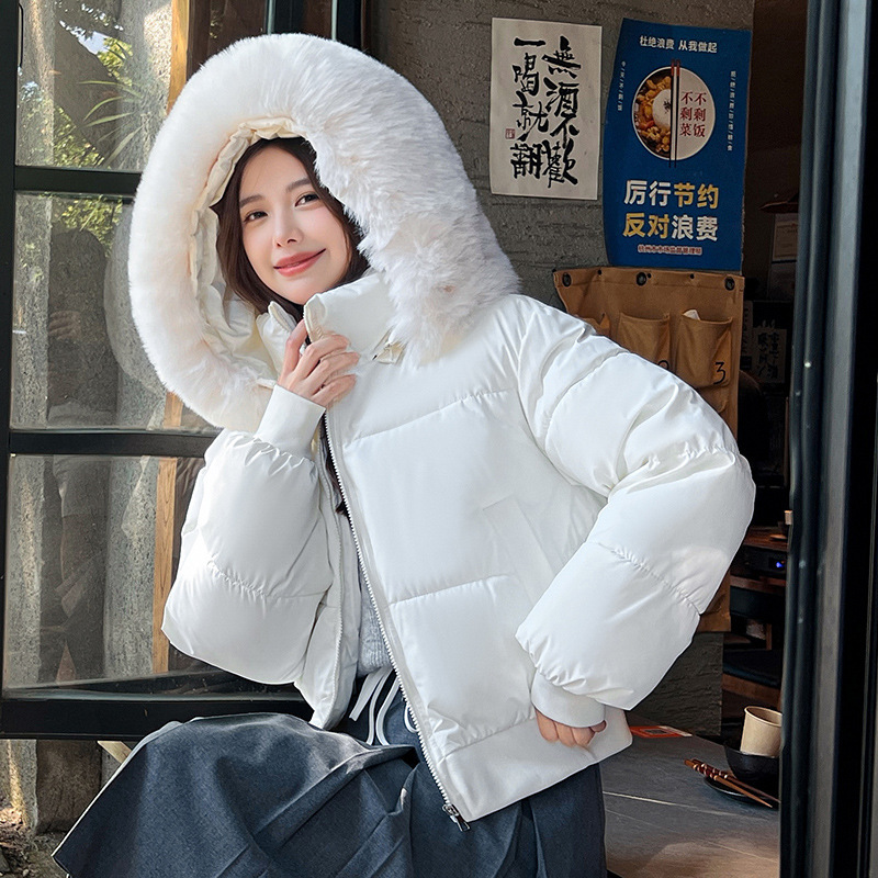 外贸韩版风连帽大毛领棉服女2025年冬新款高腰短款面包服外套现货|undefined