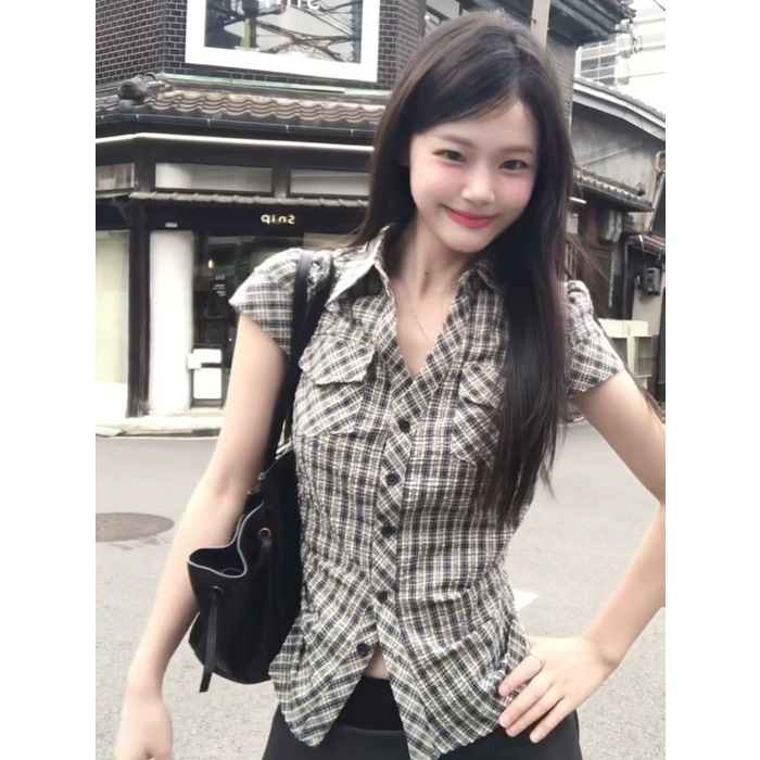 MR【原版格子】韩系复古格子掐腰衬衫女夏季设计感修身短款衬衣上|undefined