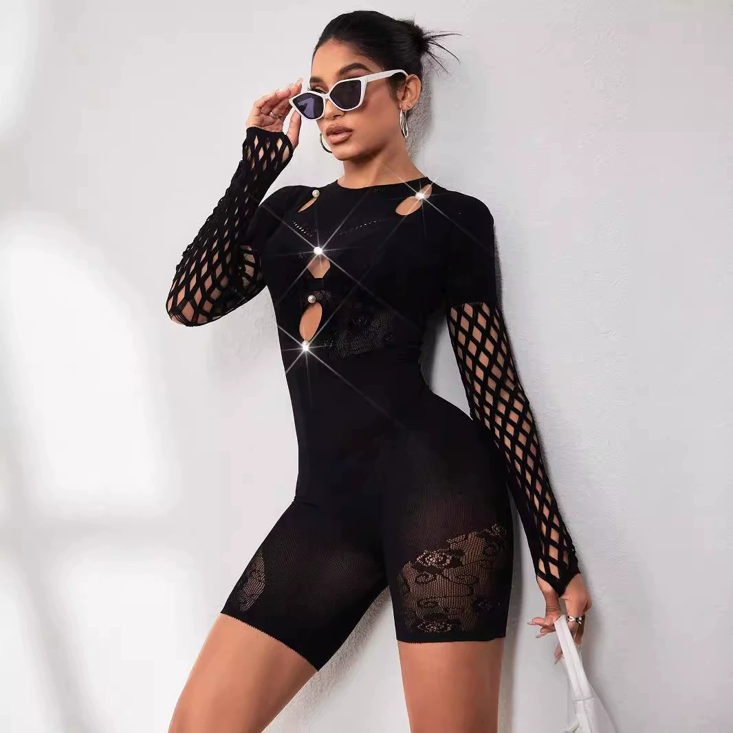 亚马逊新款性感镂空透视带袖子连体裤网纱紧身高弹圆领连体网衣