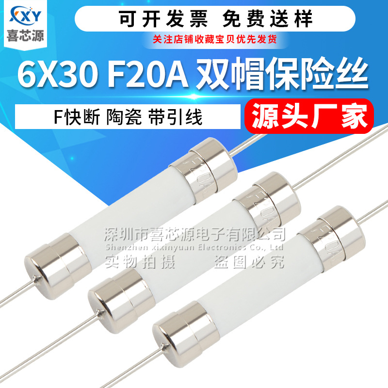 6x30mm 双帽陶瓷保险丝 250V F20A 快断带引线脚电源保护器熔断管