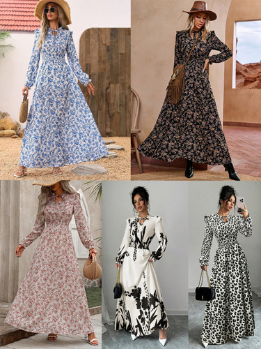 Live-shooted in stock, foreign trade cross-border independent station 1688, export order 2025 hot-selling Western and European floral long-sleeved long dress
