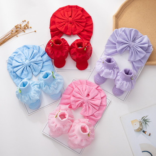 Cross-border new newborn cotton big bow fetal cap socks suit baby girl lace knitted lace socks