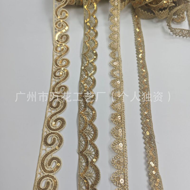 Multiple Styles of Gold Sequin Water-Soluble Embroider Lace Luxury Mesh Lace Trim Wedding Dress DIY Handmade