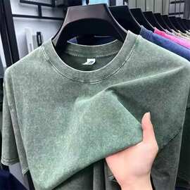 夏季男士水洗230G厚重棉质t恤复古褪色超大号男女皆可基本t恤短袖