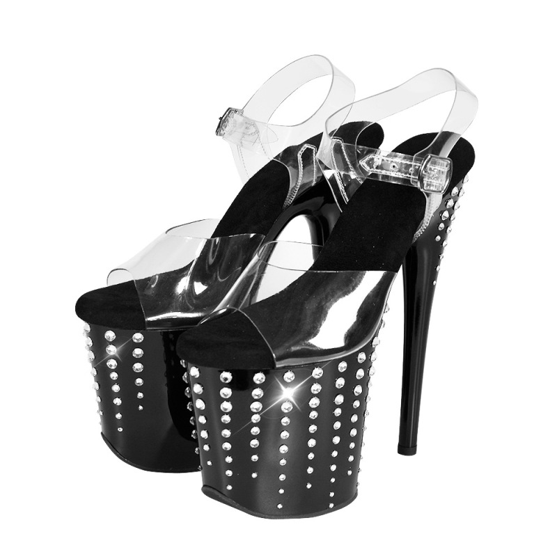Black High-Heeled Sandals with Rhinestones, 20cm Heel, International E-Commerce Hot Item, Quick Delivery, Pole Dance Shoes
