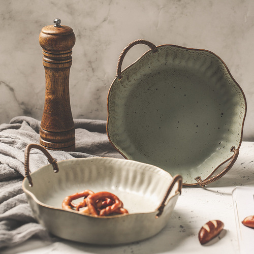 Jingdezhen coarse pottery hemp rope portable fruit plate Japanese bowl plate retro household high temperature ceramic dessert plate creative tableware