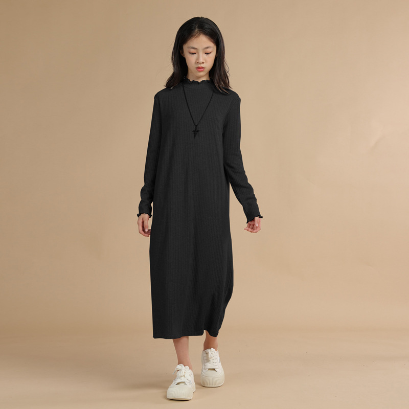 Largo tocando fondo de punto vestido niñas otoño e invierno nuevo estilo con abrigo interior desgaste flojo perezoso cuello alto suéter vestido de moda