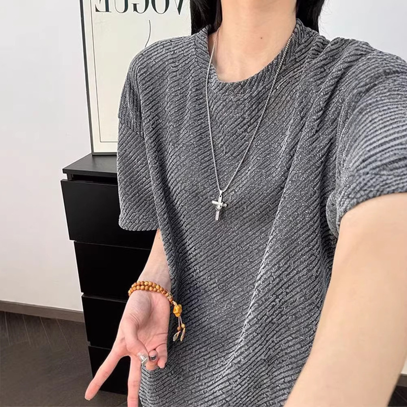 Old Money Style Straight Shoulder Knit Short-Sleeve Unisex Summer Solid Color Small Neckline T-Shirt American Retro Boxy Half-Sleeve Old Money Style Straight Shoulder Knit Short-Sleeve Unisex Summer Solid Color Small Neckline T-Shirt American Retro Boxy Half-Sleeve