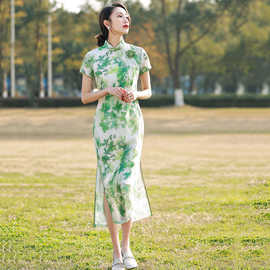 古法旗袍女夏年轻款气质高端连衣裙绿色2024年新款中式复古民国风