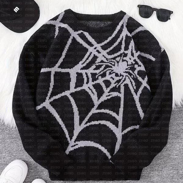Vintage Personality Daily Niche Hip-Hop Spider Web Jacquard Crewneck Long Sleeve Knitted Pullover Loose Knitted Sweater