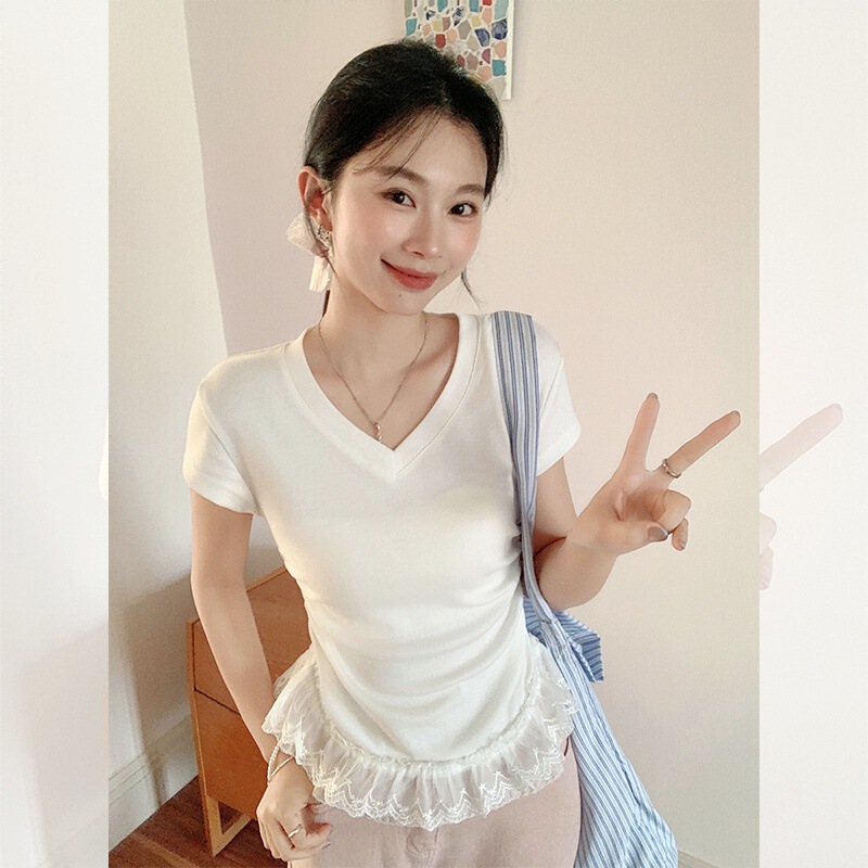 [92 Cotton 8 Spandex with Back Collar] 2025 Sweet and Spicy Lace V Neck Pleated Waist T-Shirt Bottoming Shirt