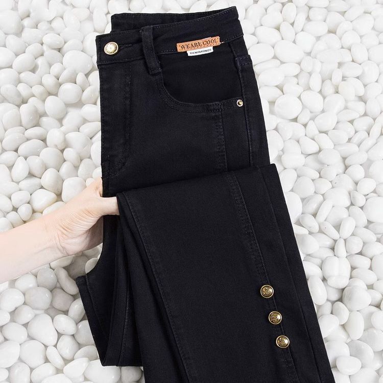 Black Straight-Leg Cigarette Pants for Women, Spring and Autumn, Korean Style, High-Waisted, Stretchy, Retro, Slimming, Split Hem, Cropped Leggings