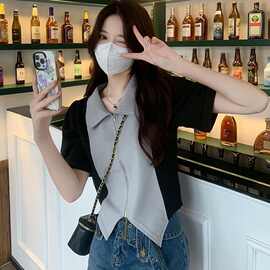 大码胖mm拉链polo领短袖t恤女夏季甜辣遮肉身显瘦不规则气质上衣