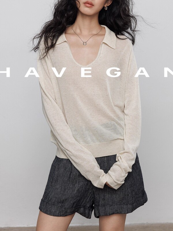 与间HAVEGAN/夏季天丝亚麻长袖防晒针织T恤女翻领老钱风休闲上衣|undefined