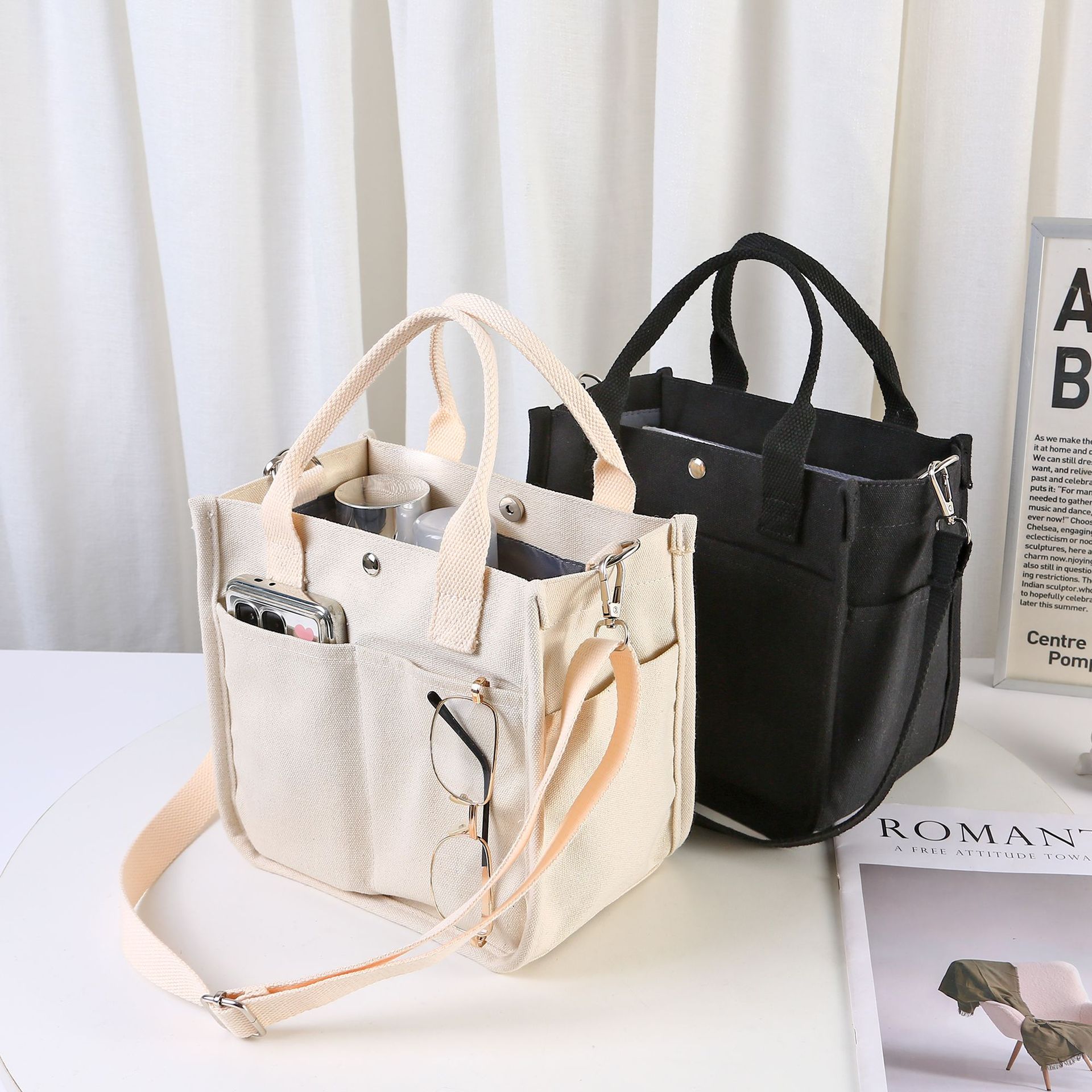 Explosión transfronteriza tridimensional multi-bolsillo bolso de lona tote bolso de mano simple versátil bolso de caja de comedor portátil