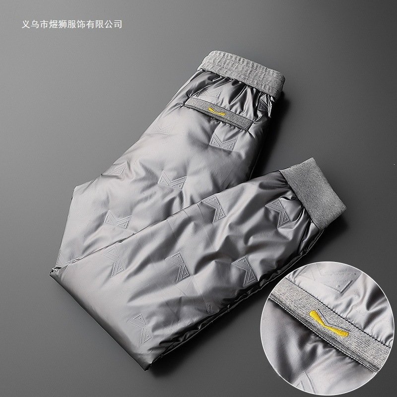 White duck down pants for men, winter outdoor wear, fleece-lined, thickened, stylish, casual, lightweight, warm cotton pants for the Northeast