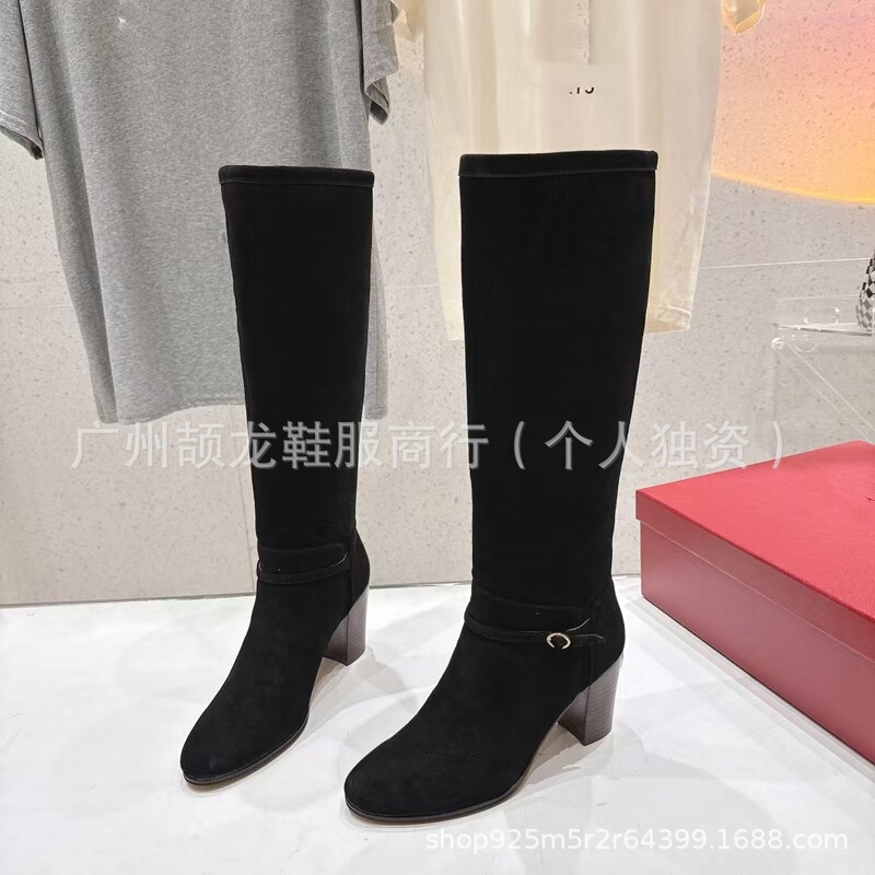 高端2025秋冬真皮圆头木纹粗跟高跟皮带扣侧拉链高筒骑士靴长靴女|undefined