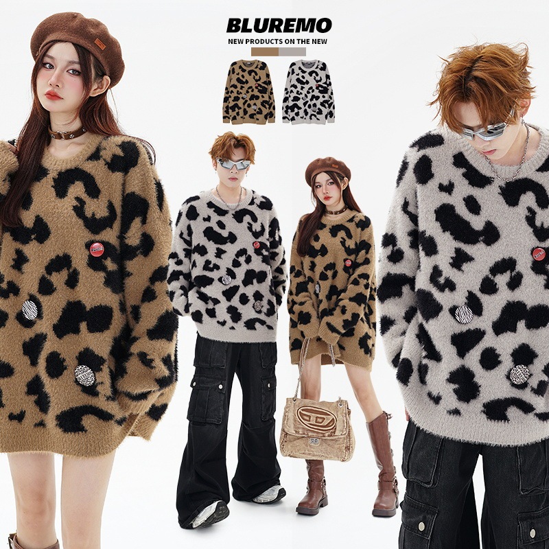 BLUREMO | Fall/Winter High Street Retro Seamus Hair Leopard Print Metal Badge Loose All-match Crewneck Pullover Sweater Trendy
