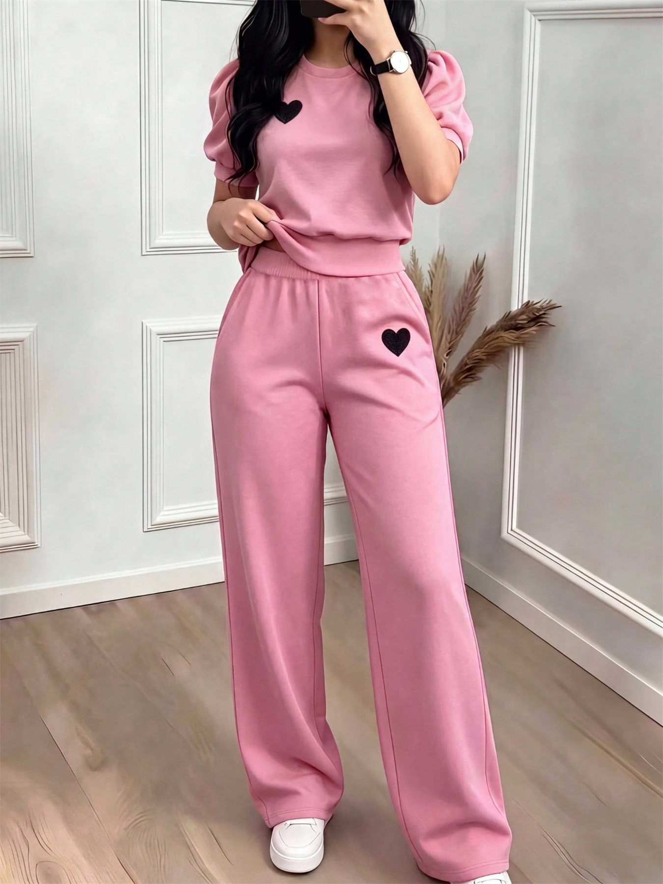 Women's Casual Suit Solid Color Heart Embroidered Puff Sleeve Top with Pocket Wide Leg Pants Spring/Summer Fashion_ecoleips.com